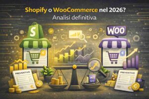Infografica di confronto tra le piattaforme e-commerce Shopify e WooCommerce per il 2026, con icone e loghi ufficiali.