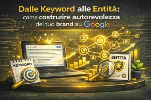 Infografica SEO semantica che mostra il passaggio dalle singole parole chiave alla costruzione di Entità e autorevolezza del brand su Google 2026.
