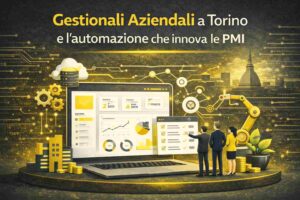 Interfaccia di un software gestionale aziendale moderno con dashboard di automazione per PMI a Torino.