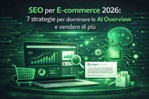 Infografica sulle 7 strategie SEO per e-commerce nel 2026 per apparire nelle AI Overviews di Google.