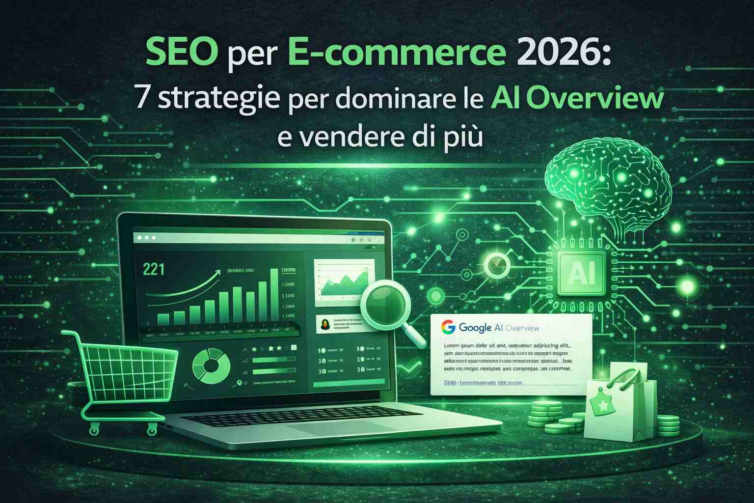 Infografica sulle 7 strategie SEO per e-commerce nel 2026 per apparire nelle AI Overviews di Google.