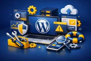 Dashboard di manutenzione WordPress con controlli di sicurezza, aggiornamenti e monitoraggio performance attivi.