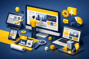 Esempio di interfaccia desktop e mobile di un sito web su misura per aziende con design moderno e pulito.