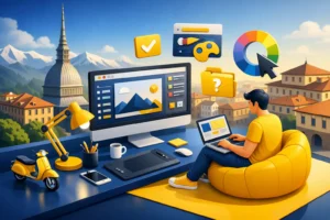 Alberto Di Meo, web designer freelance a Torino, al lavoro sulla progettazione di un sito web professionale.